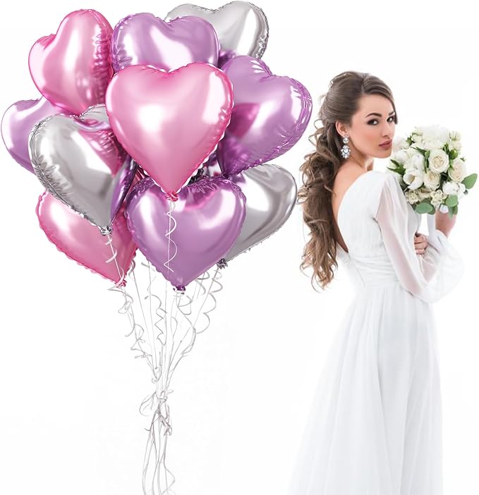 Pink Purple Foil Heart Balloons, 18 Inch 12Pcs Lavender Purple Pink and Silver - Image 7
