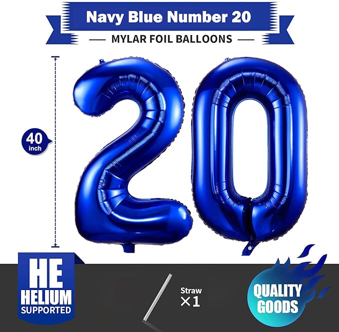 Navy Blue 20 Balloon Numbers, 40 Inch Dark Blue 20 Birthday Balloons Large Foil - Image 2