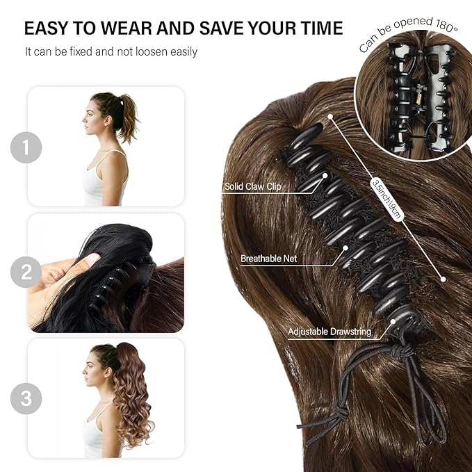 24 Inch Black Ponytail Extension, Layered Pony Tail Clip on Hair Extension, Soft Wavy Claw Clip in Ponytail Extension, Natural Synthetic Hair Pieces for Women (Color: Black)