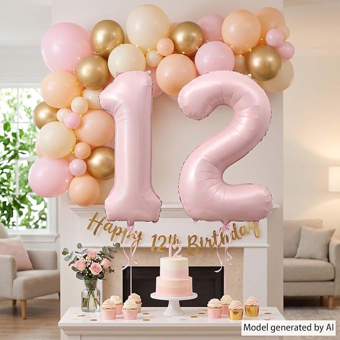 Baby Pink Number 12 Balloon 40 Inch, Blush Foil Numeral Party Supplies | - Image 7