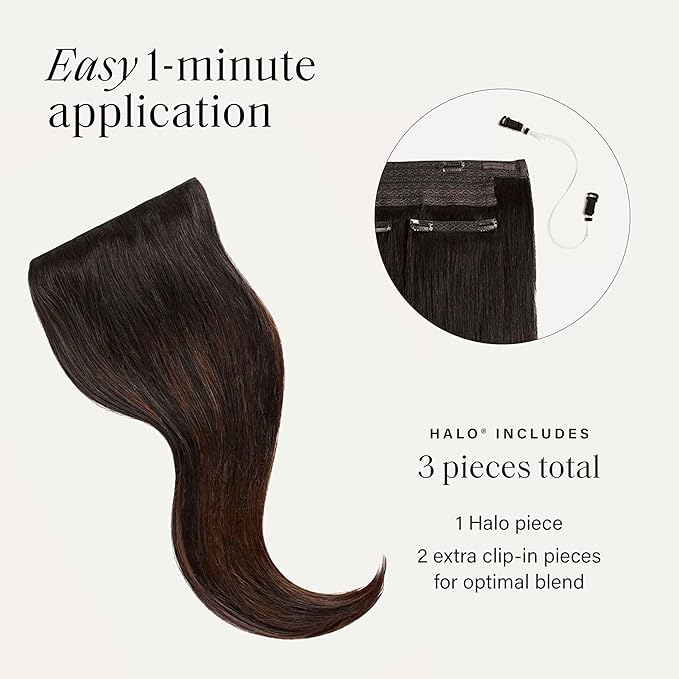 Luxy 100% Remy Human Hair – Halo Clip-In Hair Extensions –Natural Looking Volume & Length - One-Piece - Easy 5-Min Application 180 grams 20" Off Black Balayage