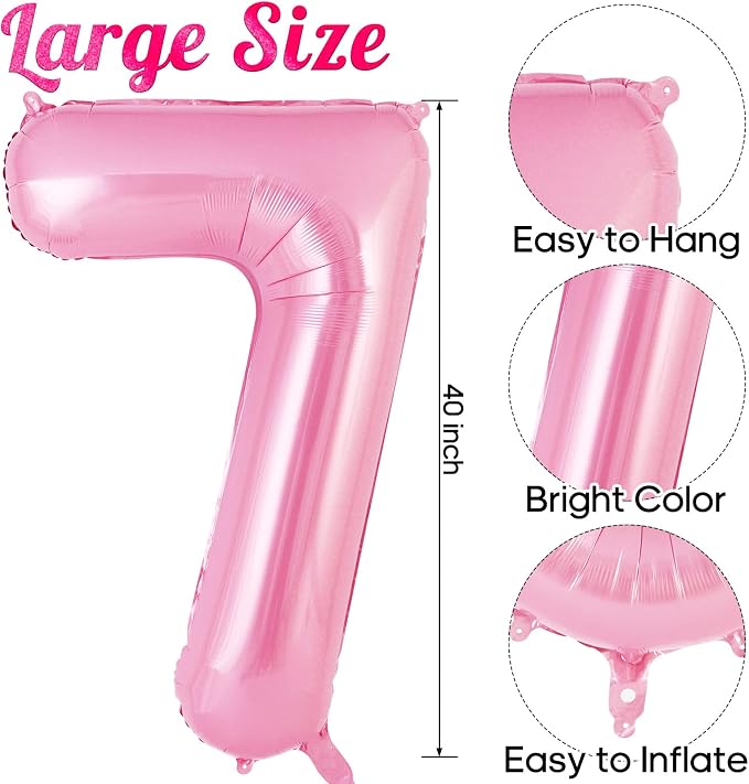 Pink Number 7 Balloon 40 Inch, Big Large Foil Helium Number Balloons, Jumbo - Image 3