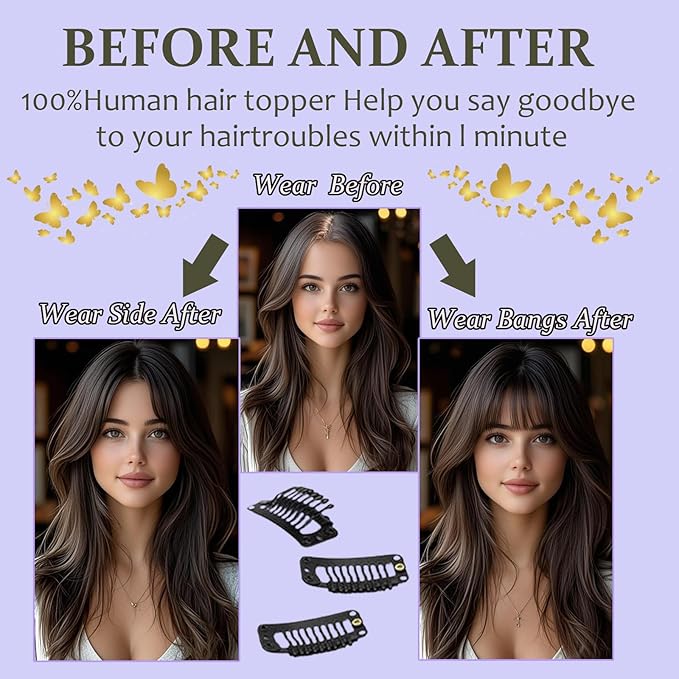 Hair Toppers for Women Real Human Hair, 360°3D Topper for Women with Thinning Crown Middle Clip in Bangs Breathable Hand Tied Craft Big Coverage Hairpieces (Gray（Big Coverage）, 14 Inch-W)