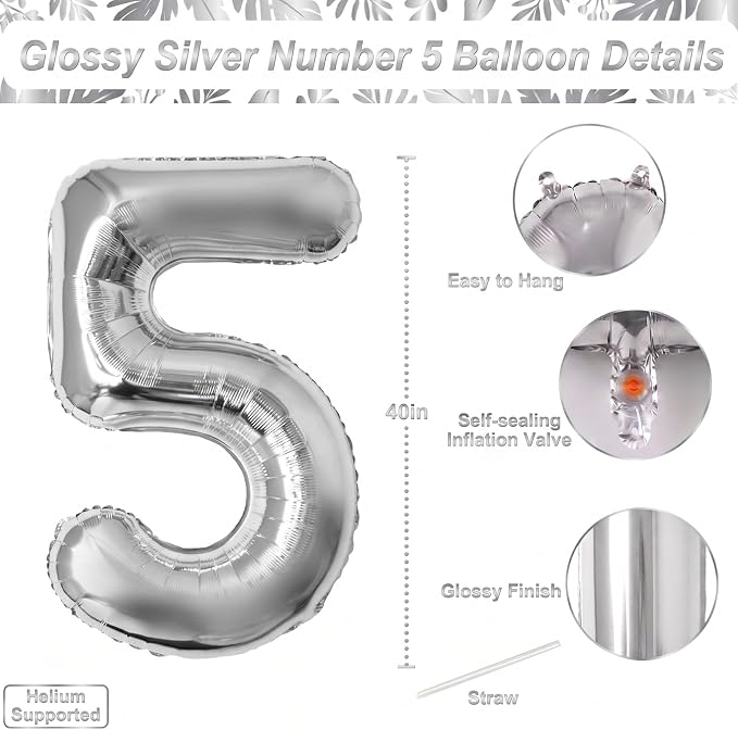Silver Number 5 Balloon 40 Inch, Sleek Metallic Foil - Image 4