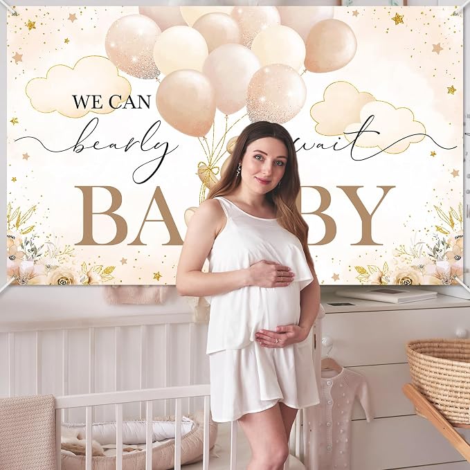 Mocsicka We Can Bearly Wait Backdrop Banner Brown Bear Baby Shower Banner Bear - Image 8