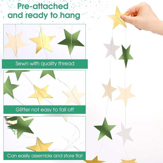 Patelai 130 ft Star Garland Banner Decor, Sage Green - Image 3
