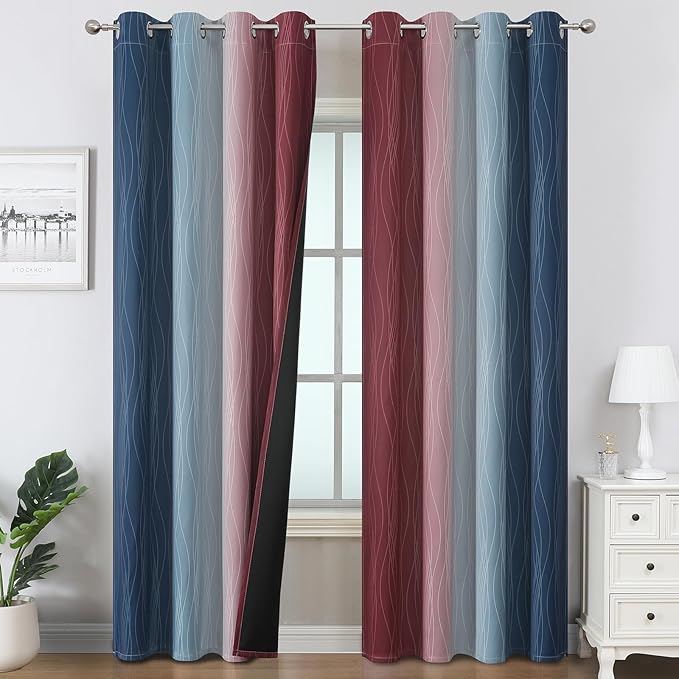 Navy Blue and Burgundy Red Ombre Blackout Curtains 54 Inch Length by ESTELARTEXTILER