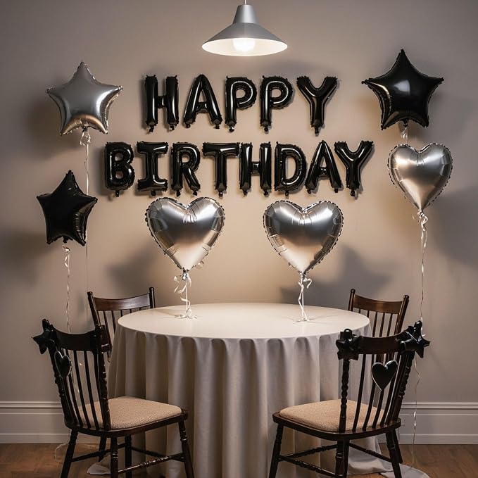 27 Pcs Black Silver Birthday Decorations, 3D Letters Black Happy Birthday - Image 5