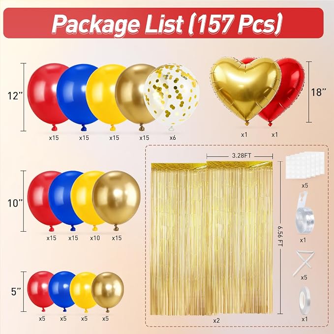 157Pcs Red Blue Yellow Gold Balloons Garland Arch Kit - Image 2