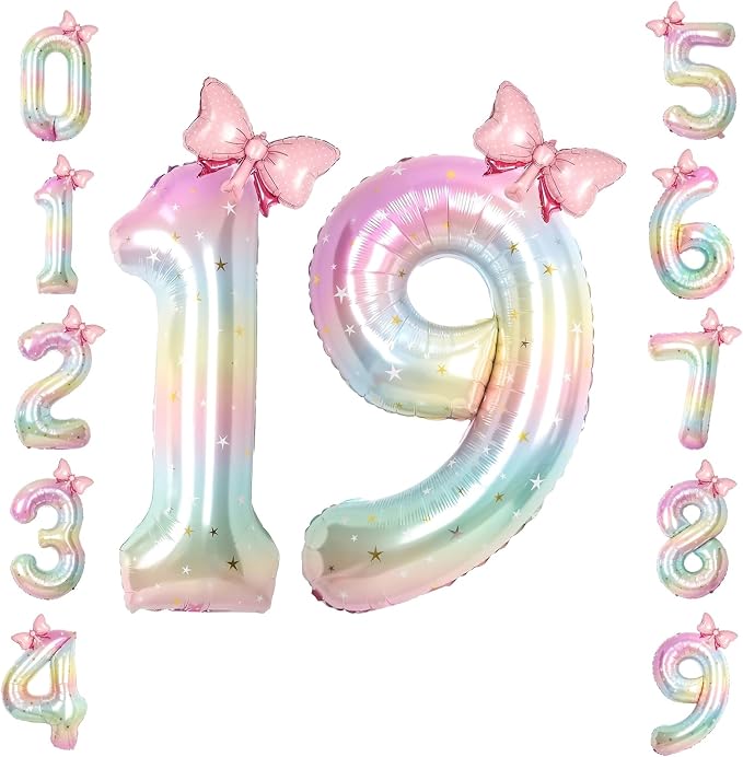 40" Giant Pastel Rainbow Number 19 Balloon Foil Pink Bow Decor Kit | by TNCDJKPA