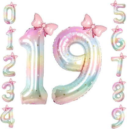 40" Giant Pastel Rainbow Number 19 Balloon Foil Pink Bow Decor Kit | by TNCDJKPA