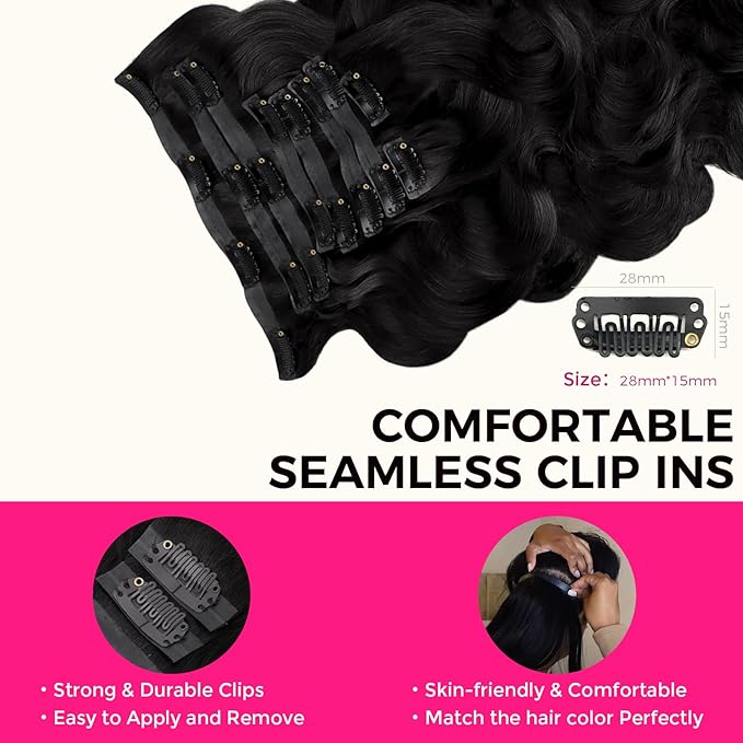 Lashey Seamless Clip in Hair Extensions Human Hair 150g 9pcs 22 Inch Body Wave #1 Jet Black Clip in Extensions for Women Natural Hair Extensions
