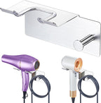 Hair Dryer Holder Wall Mounted, Blow Dryer Holder Adhesive, Metal Hairdryer Holder for Bathroom, Hair Tool Organizer with Plug&Cord for Cabinet Bathroom Bedroom Barber Shops