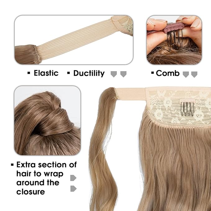 CJL HAIR 14" Short Ponytail Hair Extension Wrap Around Pony Tail Clip in Curly Wavy Synthetic Fake Hairpiece for Women Ash Medium Brown/Ash Blonde