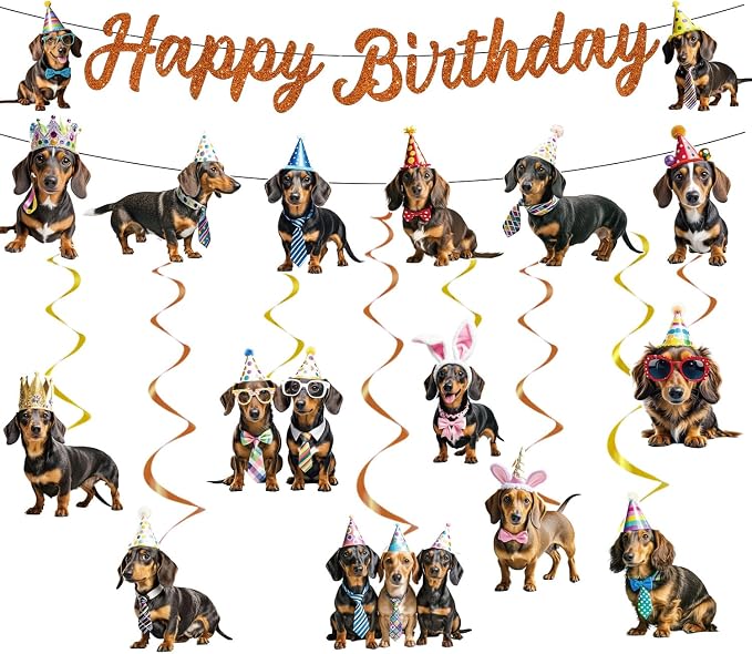 Dachshund Dog Birthday Banners Hanging Swirls Party Decor 10PCS | Dachshund by InIsaJace
