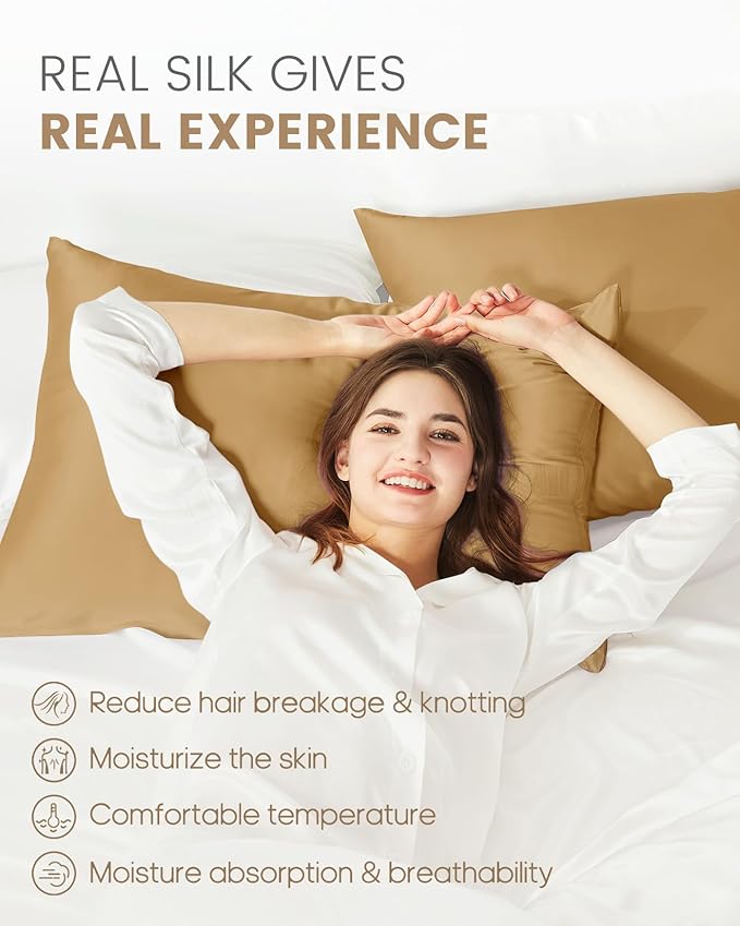 THXSILK Set of 2 100% Mulberry Silk Pillowcase for Hair and Skin, Grade 6A+ Mulberry Silk Pillow Cases with Hidden Zipper, Hypoallergenic Pillow Case Cover with Zipper(Queen 20"x30", Metallic Gold)