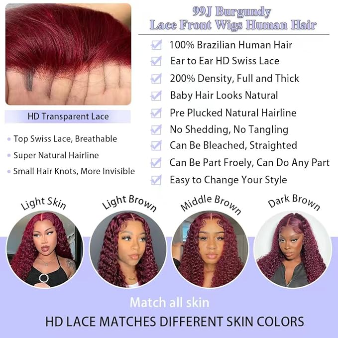 28 Inch Burgundy Wig Human Hair 13x6 Deep Wave Lace Front Wigs 200 Density 99j Burgundy HD Lace Front Wigs Human Hair Pre Plucked Red Colored Deep Curly Wig for Women