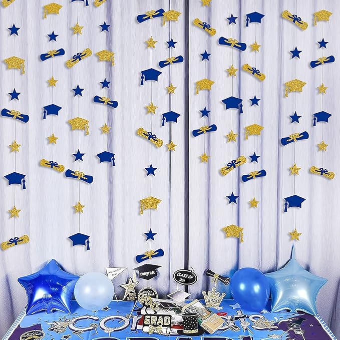Pinkblume Navy Blue Gold Graduation Hat Diploma Star Garland Banner Bunting - Image 3
