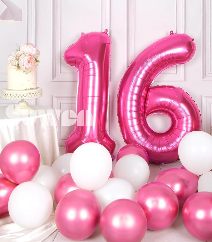 SUWEN 40 Inch Hot Pink Large 16 Number Balloons Big Foil Helium Number Balloons - Image 2