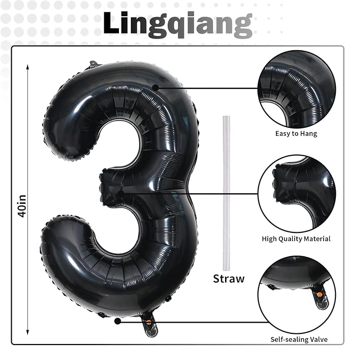 Black Number 30 Balloons, 40 Inch Black Mylar Foil Number 3 & 0 Balloons - Image 2
