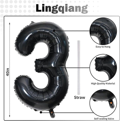 Black Number 30 Balloons, 40 Inch Black Mylar Foil Number 3 & 0 Balloons - Image 2