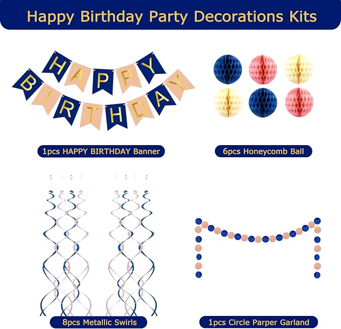 Navy Rose Gold Birthday Decorations | Happy Birthday Banner, Paper Honeycomb - Image 4