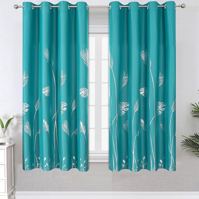 Teal Blackout Curtains for Bedroom, Room Darkening Silver Palm Tree Pattern by ESTELARTEXTILER