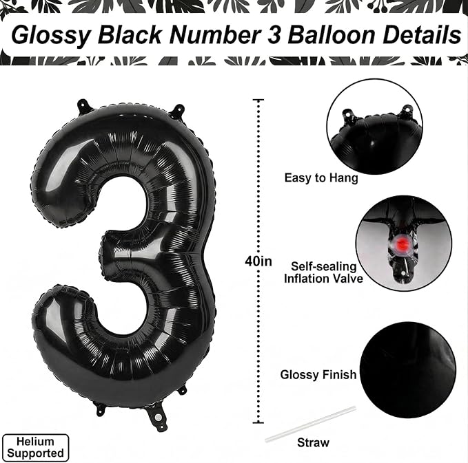 Black Number 3 Balloon 40 Inch, Sleek Foil Numeral - Image 4