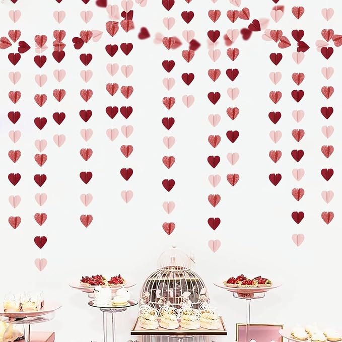 Rose-Gold Pink Burgundy-Red 3D-Heart Garland - 39Ft Galentines Valentines Day - Image 6