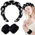Zkptops Spa Headband for Washing Face Wristband Set Sponge Makeup SkincareVelvet Fabric Bubble Soft Get Ready Hairbands for Women Puffy Headwear Non Slip Thick Thin Hair Accessory (Black Nuts)