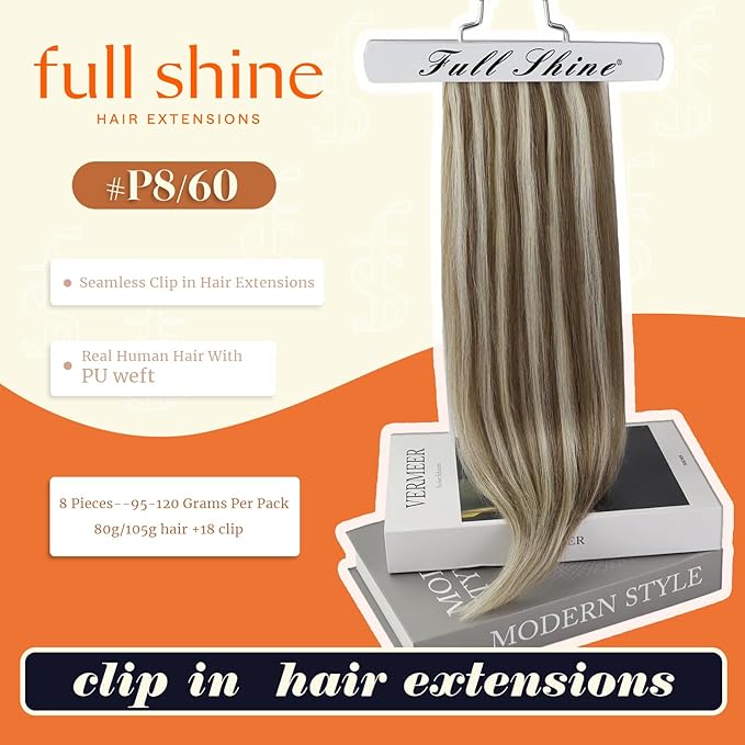 Full Shine Seamless Hair Extensions Clip in Brown Highlights Ash Brown Mix Platinum Blonde Clip in Hair Extensions Thick Ends Ease of Use 16 Inch 8 PCS 120 Grams