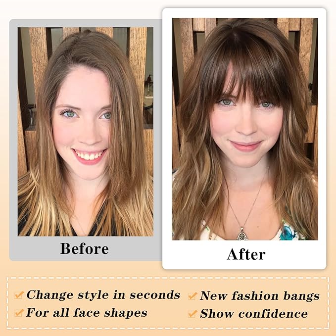 NAYOO Bangs Hair Clip - Moca Brown Fake Bangs 100% Real Human Hair Extensions Wispy Bangs for Women Fringe with Temples Hairpieces Curved Bangs for Daily Wear