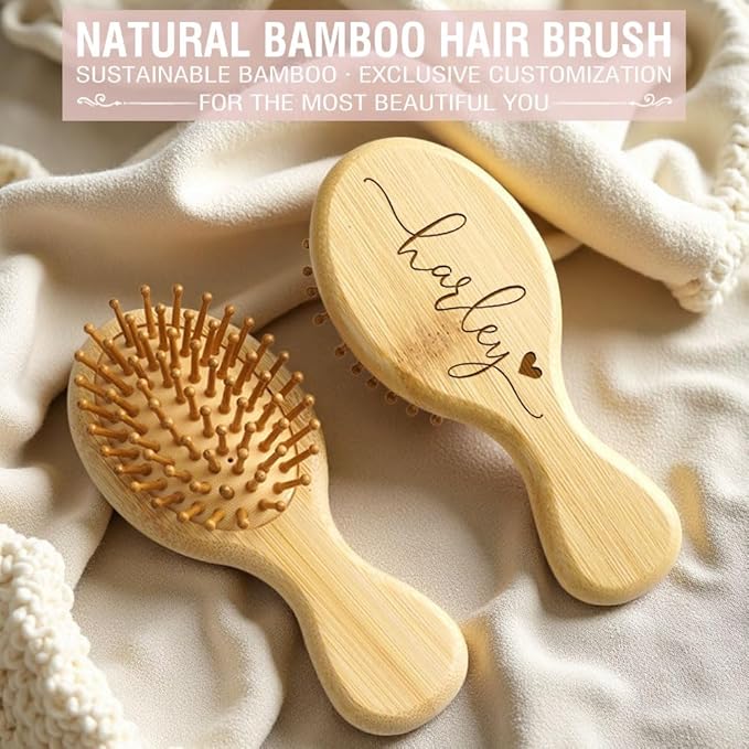 Portable Wooden Hair Brush with Custom Name Engraving, 2 Piece Mini Brushes Gifts for Girls, Daughter, 20 Personalized Design Options, Mirror Option Available