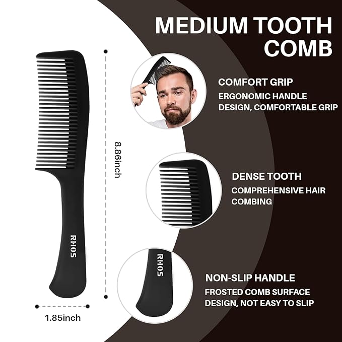 RHOS Comb Set for Women and Men, 3 Pieces - Wide Tooth, Rat Tail, Dresser Hair Combs - Detangling Hair Combs for All Hair Types - Black