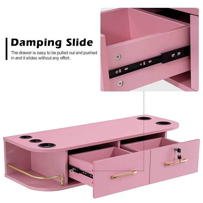 BarberPub Beauty Locking Wall Mount Styling Station, Barber Salon Station with Hair Dryer Holders, Spa Storage Floating Equipment with 2 Drawers 5012 (Pink)