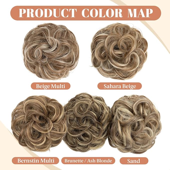 CJL HAIR 2PCS Messy Bun Hair Pieces Wavy Curly Synthetic Updo Chignon Fake Scrunchies Ponytail Extension for Women Beige Multi