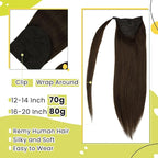 RUANTURE Clip in Ponytail Hair Extensions Human Hair Chocolate Brown Real Hair Ponytail Extension Straight Wrap Around Ponytail Human Hair Extension 16 Inch 80g Thick Pony Tails Hair Extensions