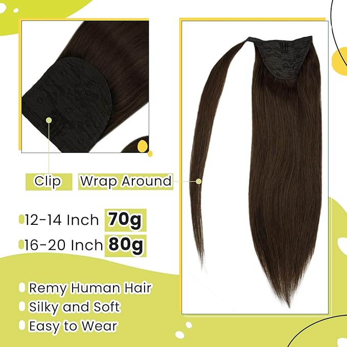 RUNATURE Ponytail Extension Human Hair Straight Brown Ponytail Hair Extensions 18 Inch 80g Natural Hair Ponytail Extension with Magic Paste Long Ponytail Real Hair Extensions One Piece Silky