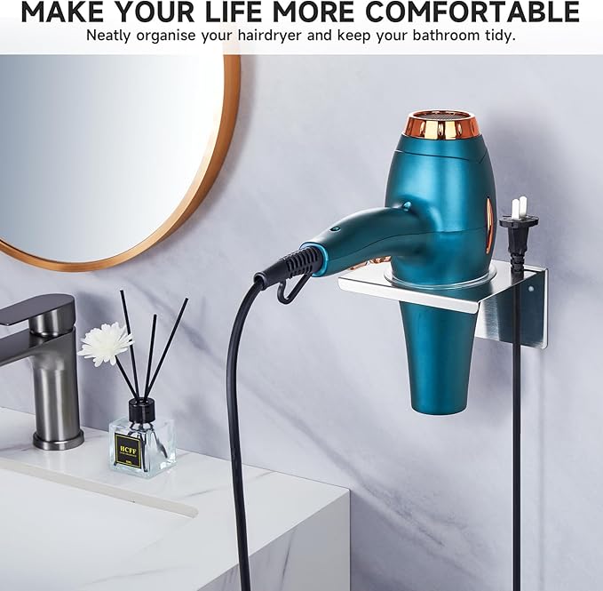 Hair Dryer Holder Wall Mounted, Hair Tool Organizer for Blow Dryer Holder Stainless Steel, Bathroom Hairdryer Holder, Adhesive Hair Dryer Organizer Storage Hanger for Vanity Barber Shops