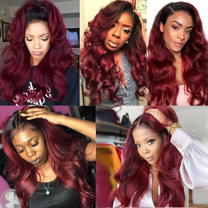 Ombre Human Hair Bundles 1B99J Body Wave Bundle Niegmeag Brazilian Virgin Remy Hair 3 Bundles 12 14 16 Inch 2 Tone Black and Burgundy Bundle 150g