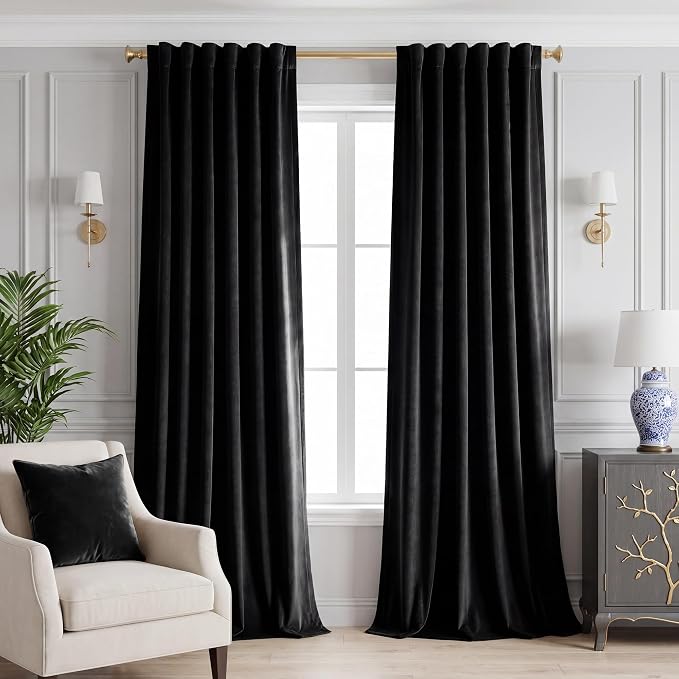 Blackout Black Velvet Curtains for Home Theater, W52 x L84, 2 Panels | 300GSM by StangH