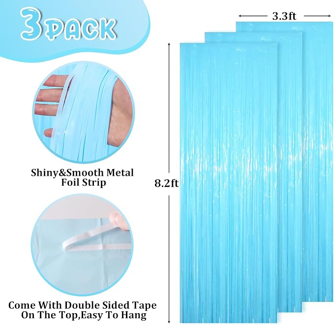 Voircoloria 3.3 x 8.2 ft Pastel Blue Foil Fringe Backdrop Curtains | Tinsel - Image 3