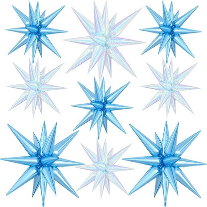 9Pcs Light Blue and Iridescent Star Balloons, Large Explosion Foil Balloons by Dagelar