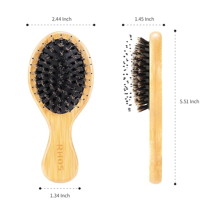 RHOS Mini Boar Bristle Hair brush for Women/Men/Kids-Small bamboo Paddle Brush for Smoothing/Detangling/Adding Shine-Travel Size bamboo Hair Brush for Pocket,Bag