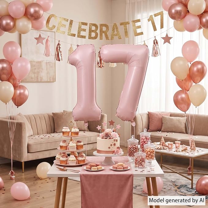 Soft Pink Number 17 Balloon 40 Inch, Pastel Foil Digits Theme Party Supplies - Image 3