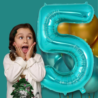 Teal Blue Number 5 Balloon, 40 Inch Big Large Foil Helium Number Balloons - Image 4
