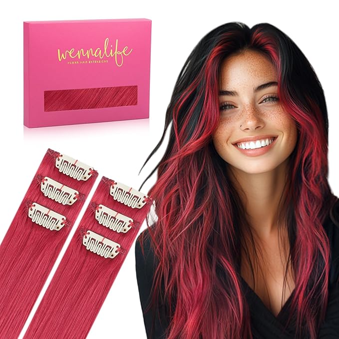 WENNALIFE Red Clip in Hair Extensions Real Human Hair 35g 6pcs 14 Inch Colored Hair Extensions for Kids Women Colorful Hair Pieces Pop-up Style Straight Extensiones De Cabello Humano Con Clip