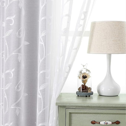 White Sheer Curtains Embroidered Leaves 2 Panels 54Wx54L | Light Filtering - Image 2