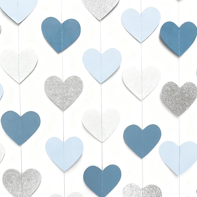 Silver Blue White Heart Party Decorations Dusty Blue Glitter Paper Silver White - Image 3