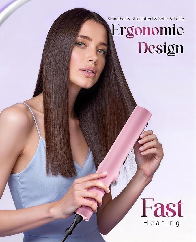 Hair Straightener Brush for Women: Negative Ionic 3-in-1 Curling & Straightening Brush, Ceramic Hot Comb with 15 Temps for Hair Styling, Pink